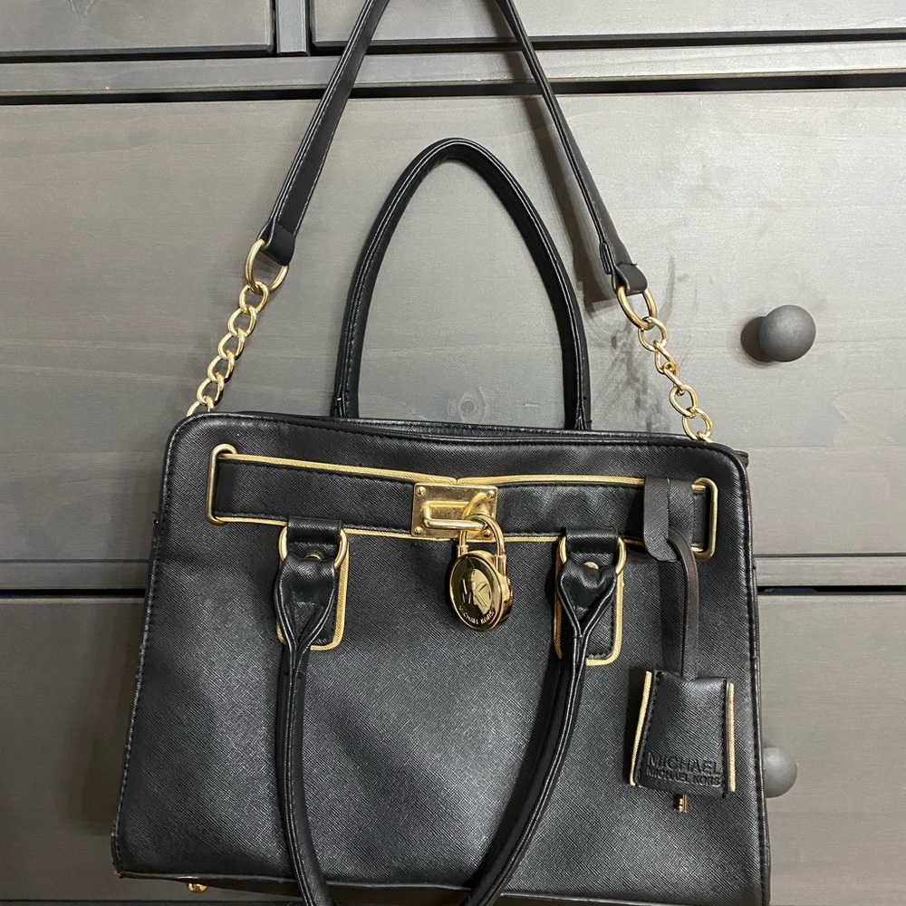 MK Boutique Gold and Black Satchel with Elegant Hardware